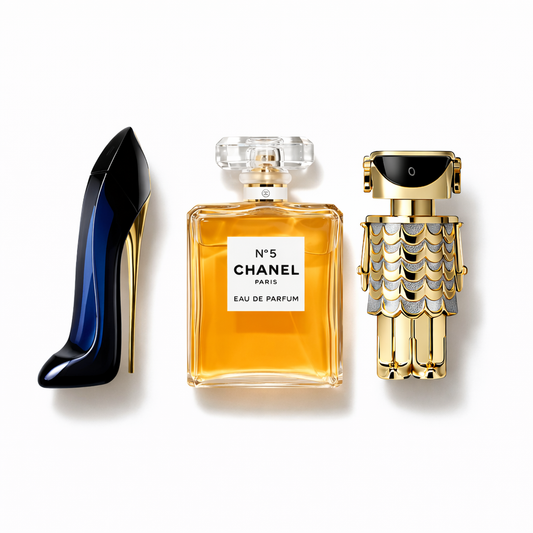 Combo de 3 perfumes Carolina Herrera GOOD GIRL, Chanel Nº5 e Paco Rabanne FAME